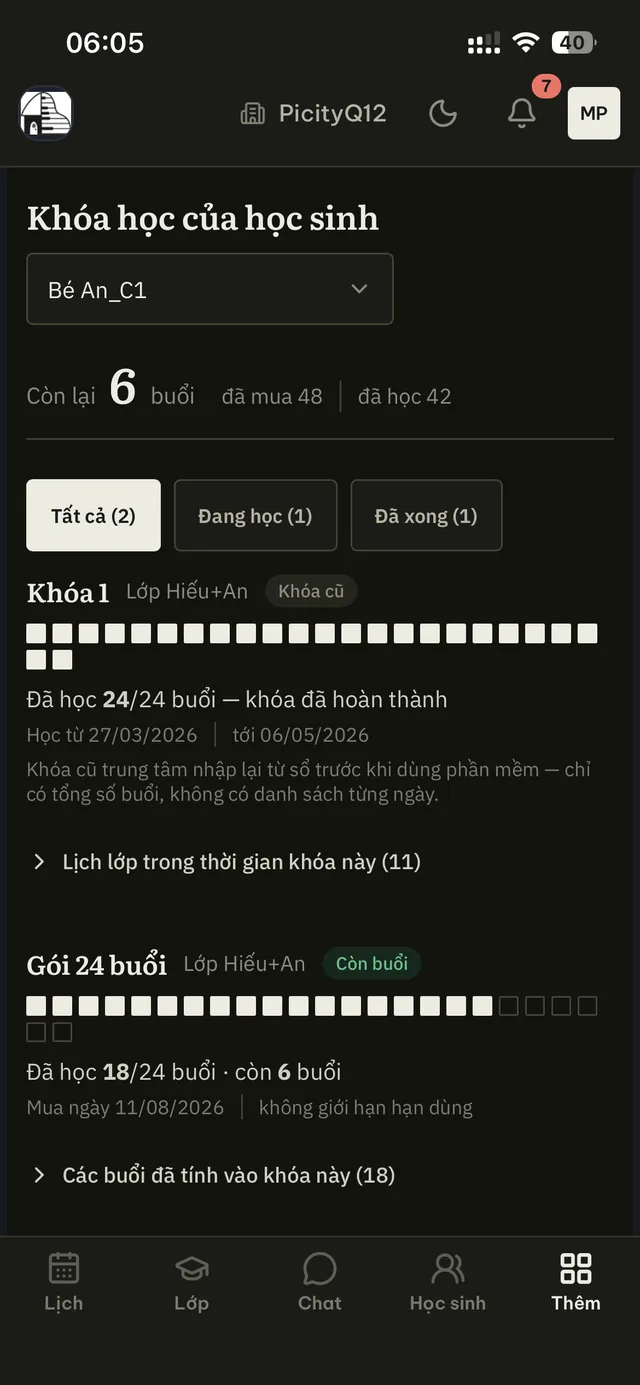 Khóa học của học sinh trong ứng dụng Maisond’An